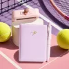 Pink notebook with pen, pink seal, white lace fabric, wooden desktop, silver butterfly, white star pendant Specification image